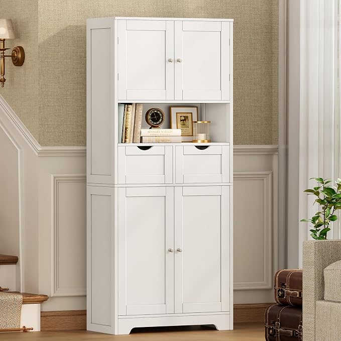 TEENFON 57.8" H Tall Bathroom Storage Cabinet with 4 Doors & 2 Adjustable Shelves, Freestanding Bathroom Cabinet with 2 Drawers, Kitchen Cabinets & Pantry, Cupboard for Kitchen, Dining Room, White