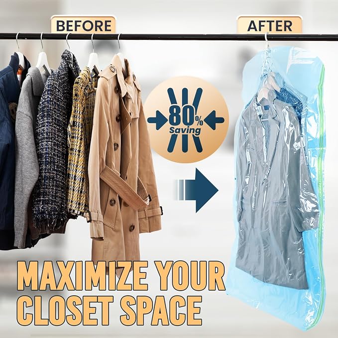 TAILI Hanging Vacuum Storage Bags for Clothes Space Saver 6 Combo Blue | Vacuum Seal Bags for Clothing Travel, Winter Clothes Storage Closet Organizers, Garment, Coats, Suits and Jackets