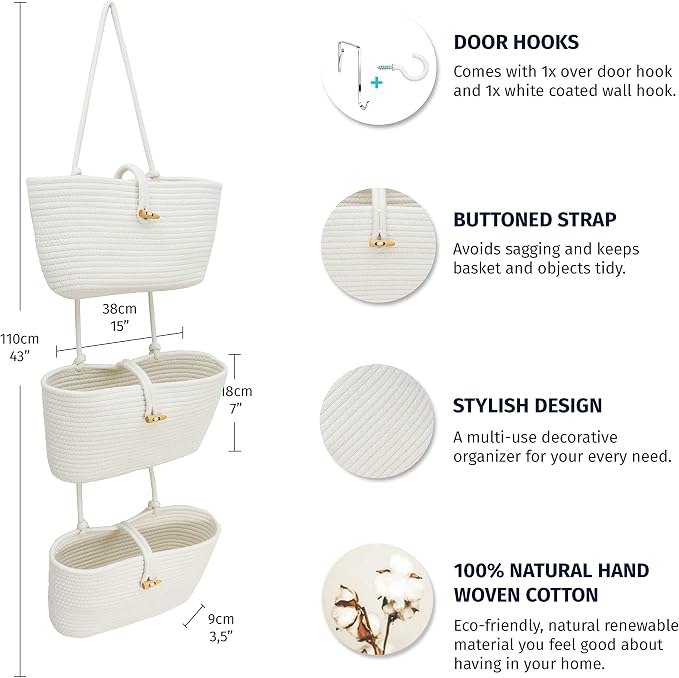 OrganiHaus Over the Door Organizer, Woven Rope Hanging Baskets, 3-Tier | Cotton Wall Storage Basket For Nursery Decor, Entryway, Bathroom, Playroom Or Dorm, Mounts On Door Or Wall, Off-White
