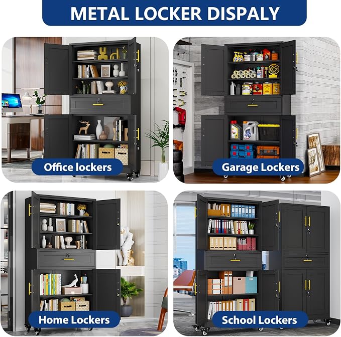 Ckzbx Metal Garage Storage Cabinet with Locking Drawers and Adjustable Shelves,71" H Rolling Tool Storage with Wheels for Garage,Office (Black)