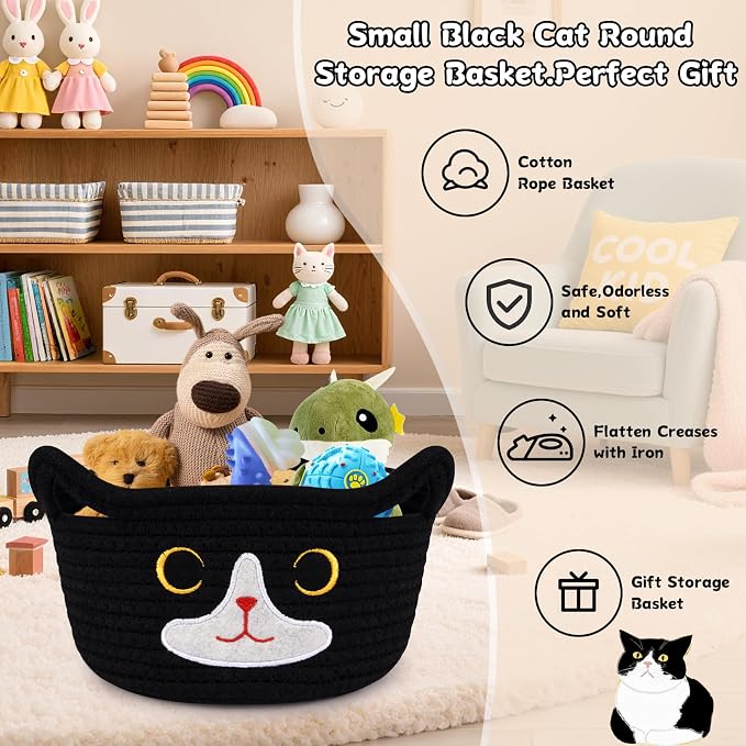 Cat Basket for Nursery, Small Storage Basket,Black Woven Rope Cotton Basket | Baby Blanket Bin with Cat Ears Handles, Animal Blanket Towel Halloween Decor Storage Bins, 8.2" x 4.7" IN