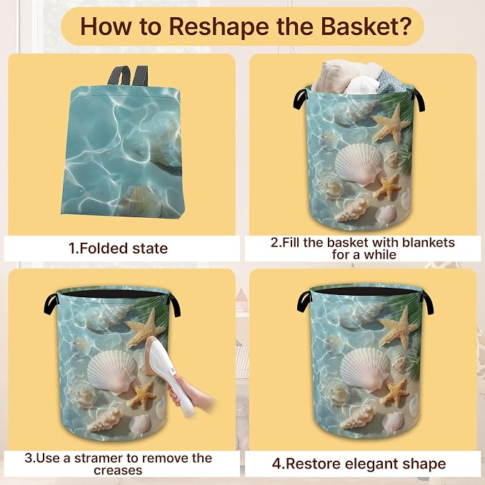 Sea Beach Laundry Basket,Starfish Shells Collapsible Laundry Baskets with Handles,Waterproof Oxford Cloth Hamper,Storage Organizer for Bathroom Bedroom Dorm