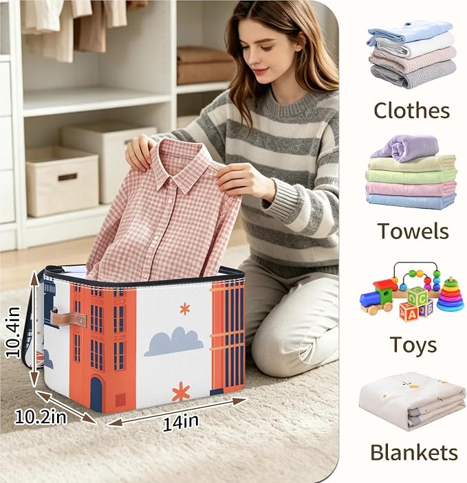London Big Ben Foldable Storage Bin with Lid Zipper | Closet Shelf Organizer, Boxes, Basket Containers for Home, Lidded Storage Cube for Bedroom, Waterproof, with Handles