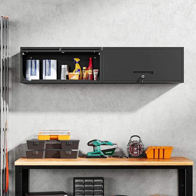 Metal Garage Cabinet with Doors, Wall Mounted Storage Cabinet, Floating Tool Cabinet for Basement, Kitchen, Warehouse (Black, 13.7" H)