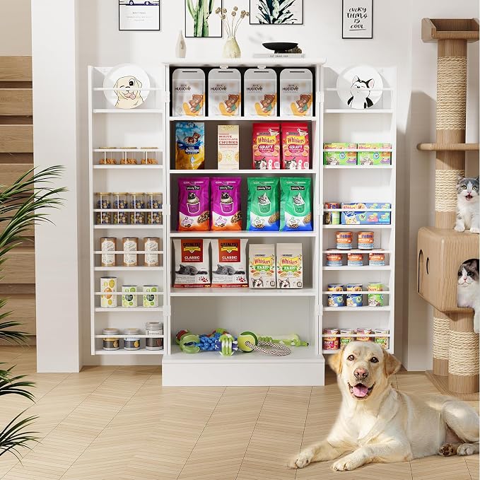 Saudism 47" Dog Food Storage Cabinet with Doors and Adjustable Shelves, Freestanding Pet Storage Container Organizer for Living Room and Dinning Room, White