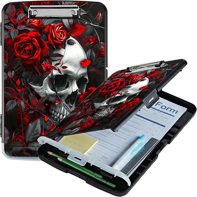 Red Rose Skull A4 Clipboard with Storage Pen Holder, Clipboards Organizer Nursing Clipboard Foldable File Folder Plastic Clipboard Folio Clip Board for Office Students Classroom Doctor