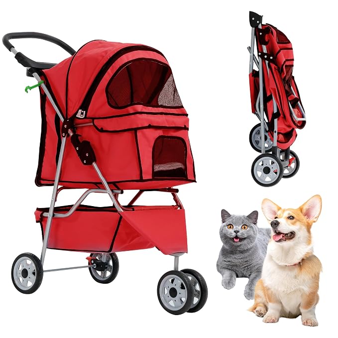 Dog Stroller with Storage Basket,3 Wheels Pet Stroller,Breathable Compact Portable Folding Carrier for Travel,Camping,Dog Carrier for Small Medium Dogs Or Cats,Lightweight Waterproof Pet Stroller,Red