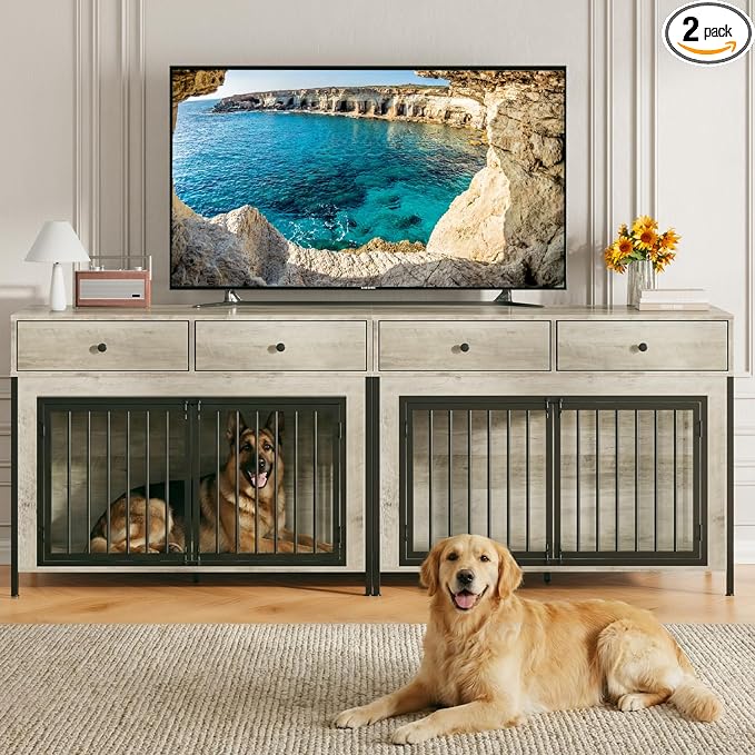PUKAMI Large Dog Crate Furniture with 2 Drawers, 44 Inch Wooden Dog Kennel Indoor, Crate Furniture as Decorative End Table, Cage Furniture for Small Medium Large Dogs (New Grey, 2-Pack Set)