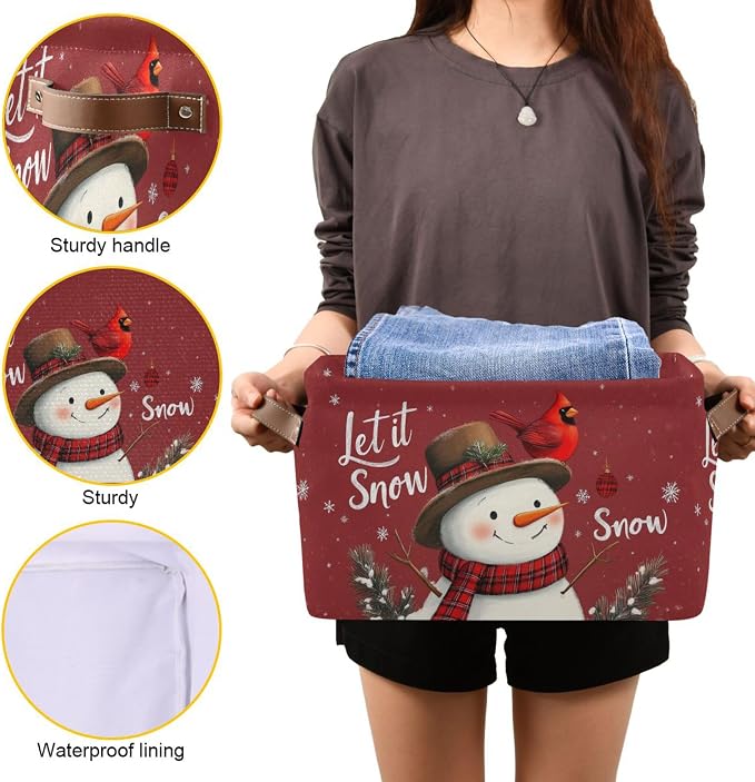 Winter Snowman Cardinal Birds Storage Basket with Waterproof Liner and PU Handles Let It Snow Christmas Red Storage Bins Boxes 14.2" Collapsible Decorative Baskets for Bedroom Closet Office 1 Pack