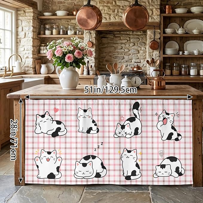 Cute Cat Cabinet Curtains 28"x51" Sink Skirt for Bathroom Kitchen, Modern Playful Pet Cats Pink Brown Plaid Self Stick Adhesive Under Desk Covers Tall Laundry Cabinet Storage Organizer