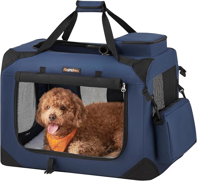 Feandrea Collapsible Soft Dog Crate, Portable Travel, 24 Inches | Dog Carrier Kennel with Safety Zippers for Living Room, Car, Travelling, Dark Blue UPDC60Z