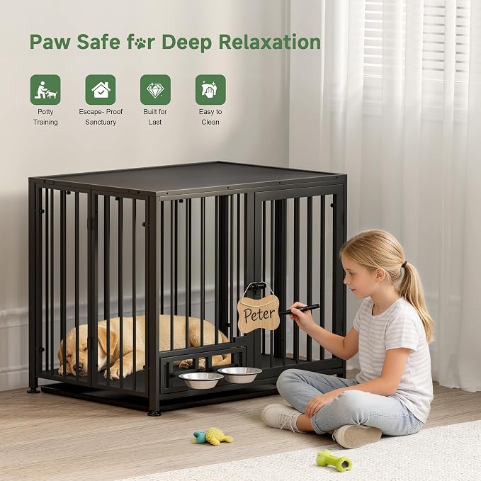 Heavy Duty Dog Crate for Medium Dogs, 3 in 1 37.8" Foldable Collapsible Dog Kennel & Playpen with Wheels & Feeding Bowls, Escape-Proof Metal Dog Cage with Lockable Door for Indoor Outdoor Use, Black