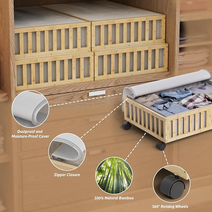 MHXW SXPN 2 Pack Bamboo Under Bed Storage Containers with Wheels, Nature | Underbed Drawer Storage with Bag, Wood Rolling Underbed Organizer for Shoes, Sheets Clothes Blanket Comforter, Under Crib Toy