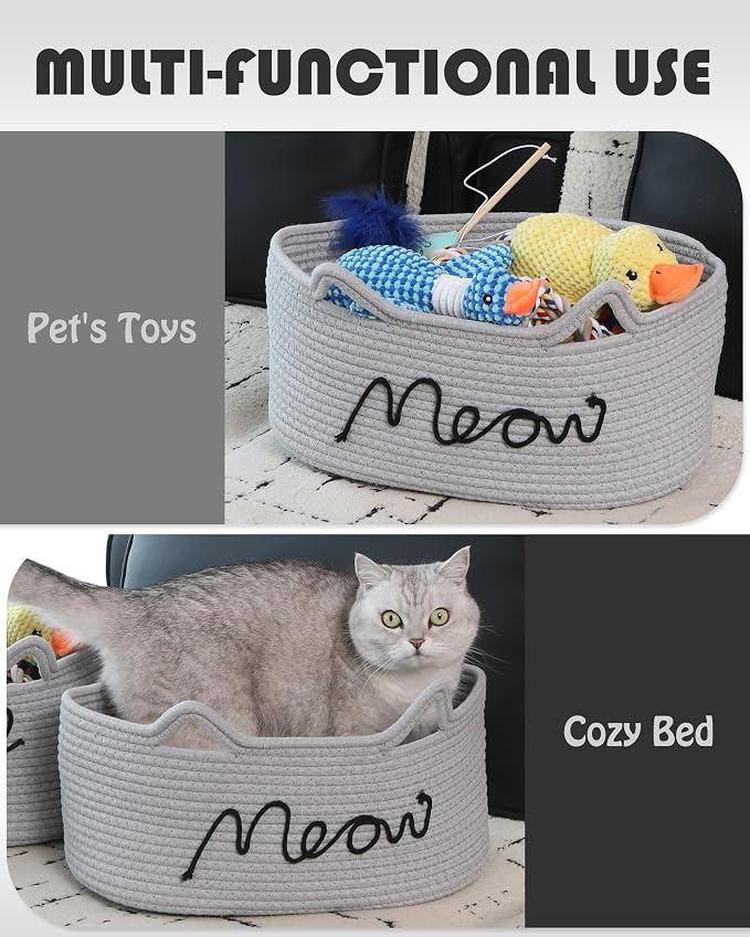 Sea Team Cat Toy Storage Basket with Handles and Ears, Gray Meow | Large Cotton Rope Storage Bin, Shelf Basket, Organizer for Pet Chew Toys, Foods, 16.5 x 11 x 7 Inches, 4.4 Gallons