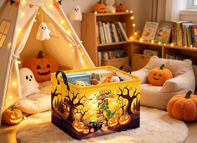 Rectangular Halloween Basket for Boys and Girls Kids Trick or Treat Pumpkin Basket for Halloween Parties Cute Storage Bin Organizer Box Room Decor(Halloween Dinosaur)
