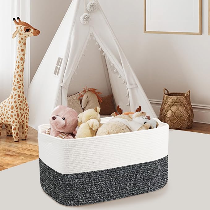 MEGASKET Extra Large Toy Box, 22" x 17" x 12" Rectangle Blanket Basket Living Room, Woven Cotton Rope Baskets for Storage, Soft Toy Storage Organizer Bin Chest, Kids Toy Box fo Living Room
