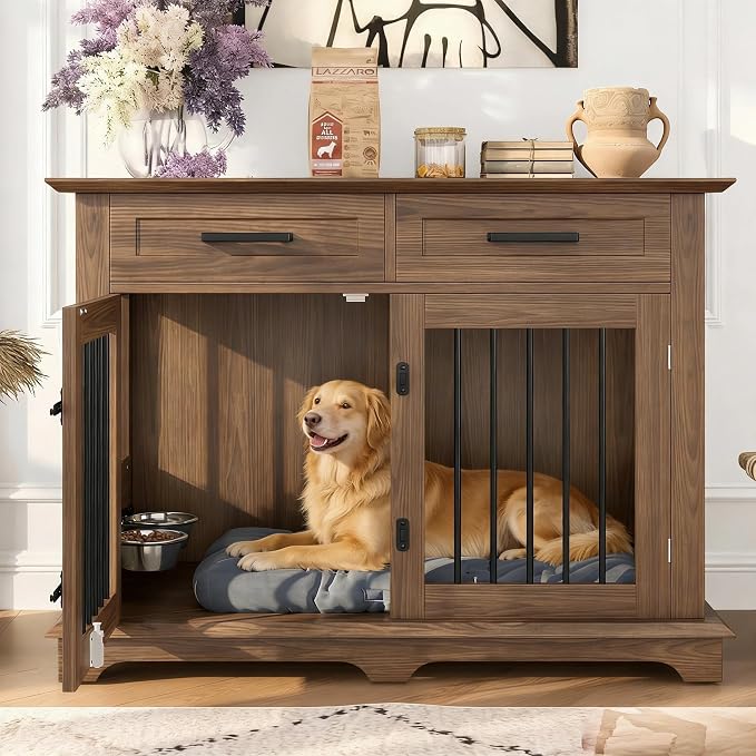 44.48" Large Dog Crate, 3-in-1 Wooden Dogs Crate End Table TV Stand Furniture with 2 Storage Drawers and Rotating Bowls, Decorative Pet House Dog Crates for Small/Medium Dogs, Brown