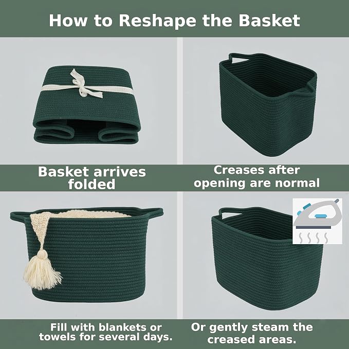 XUANGUO Woven Cotton Rope Storage Basket13x10x9 inch Forest Green | Woven cotton rope basket for shelves and closets. Perfect for toys, books, clothes, nursery storage and gift baskets.