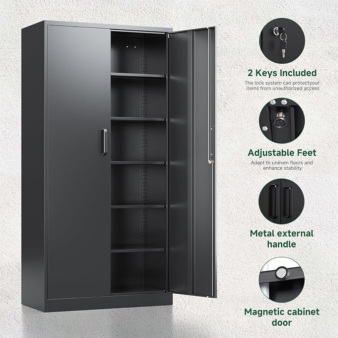 Metal Garage Storage Cabinets with Lock-72 Tall Tool Organizer Steel Lockers, 5 Adjustable Layers Shelves for Home,Office,Warehouse,Garage,(Black-72“)