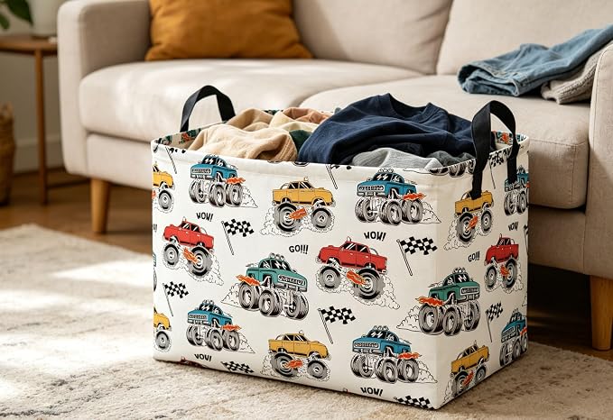 Essme Rectangular Monster Truck Baskets, Car Storage Bins with Handles for Car Decor, Racing Storage Bin（Monster truck）