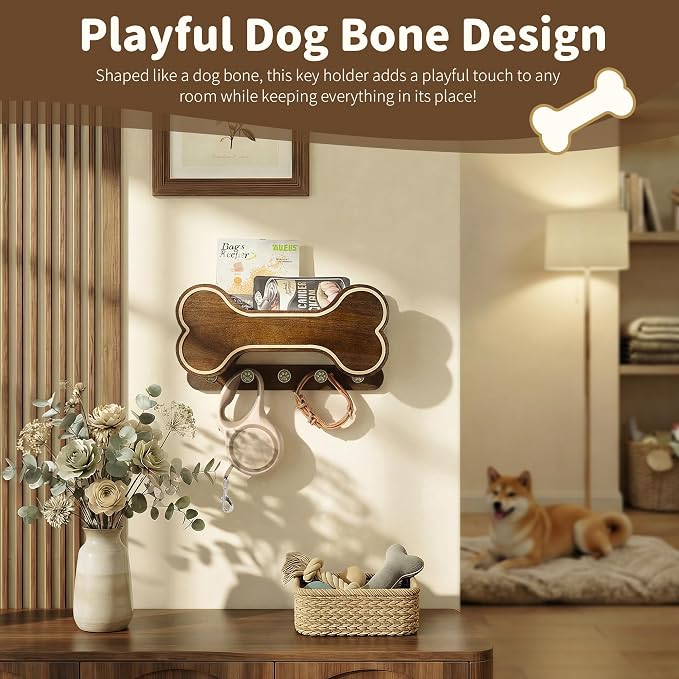 MTERSN Dog Leash Holder Wall Mount for Cute Dog Themed Decor, Dark Brown | Acacia Wood, 3D Dog Paw with Five Hooks & Display Shelf, Double-layer Dog Bone Design, Pet Accessories, Farmhouse Home Accent