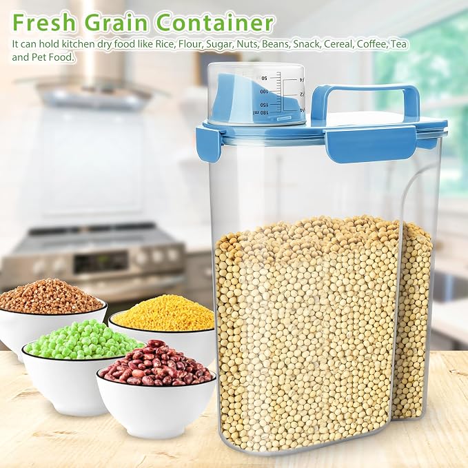 Viretec Rice Storage Container, 5 to 10lb Dry Food Airtight Dispenser, Pet Dog Cat Food Canister, BPA Free Clear Plastic Kitchen and Pantry Bin for Oatmeal, Cereal, Pasta, Flour Pack of 2 Blue