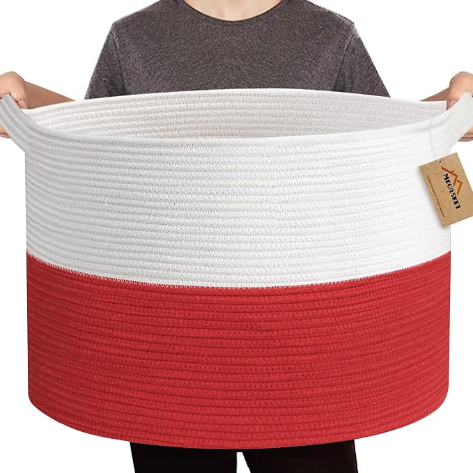 MEGASKET Large Red Baskets for Storage, 22x14 Wicker Woven Storage Basket, Blanket Organizer, Kids Toy Bin Box, Bathroom Beach Towel Basket, Basket for Gifts Decor, Fireplace Living Room Decoration
