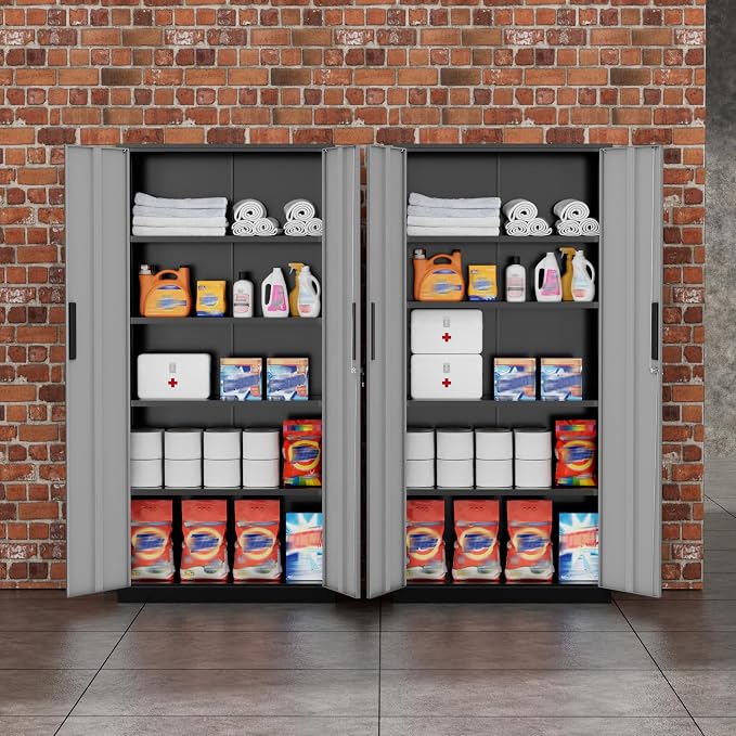 Greenvelly Metal Storage Cabinet,72" Locking Metal Garage Storage Cabinet with Doors and 4 Adjustable Shelves, Lockable Steel Cabinet for Home Office, Garage, Shop, School (Black Grey 32" W x 16" D)