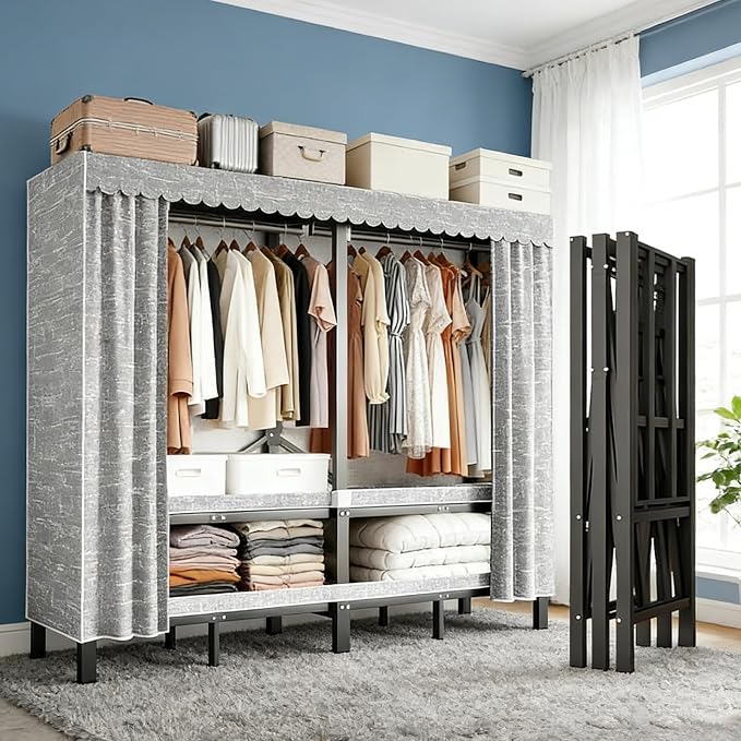 95.3in Heavy Duty Portable Closet, Foldable Wardrobe Closet with Cover, Metal Clothing Shelves for Clothes Organizers and Storage, for Bedrooms, Apartments, Rental Properties (Grey, 95.3in)