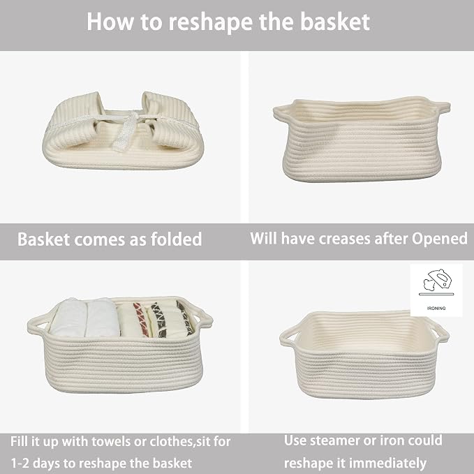 XUANGUO Medium Woven Cotton Rope Storage Basket with Handles, White | Small decorative rectangle storage bin for baby nursery items and cat toys; ideal as an empty gift basket or dog toy basket