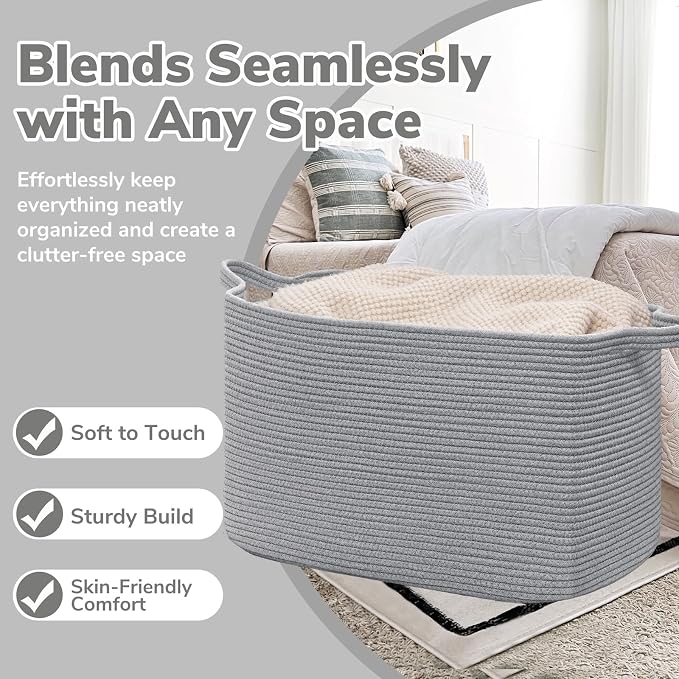 Goodpick 105L Extra Large Woven Rope Blanket Basket, Rectangle, Gray | 25'' x 16'' x 16'' Storage Basket for Blankets, Pillows & Clothes, Living Room & Bedroom Organization, Reinforced Handles