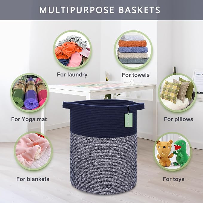 Cotton Rope Blanket Basket, 72L Tall Laundry Hamper, Navy Blue