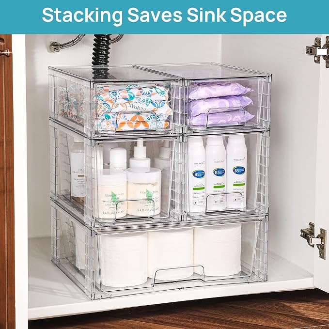 Vtopmart Clear Stackable Storage Drawers, 7 Pack Multi Size Set | Wide, Medium and Small Pull-Out PET Drawers for Flexible Organization, Stackable Storage for Cabinets, Closets, Pantry