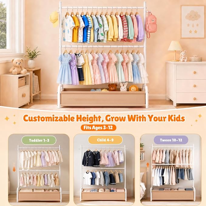 Kids Clothes Rack with Double Rod Height Adjustable Clothing Rack White | Storage Basket & Hooks, Height Adjustable Kids Clothes Rack, Portable Baby Dress Up Garment Rack for Princess Dresses