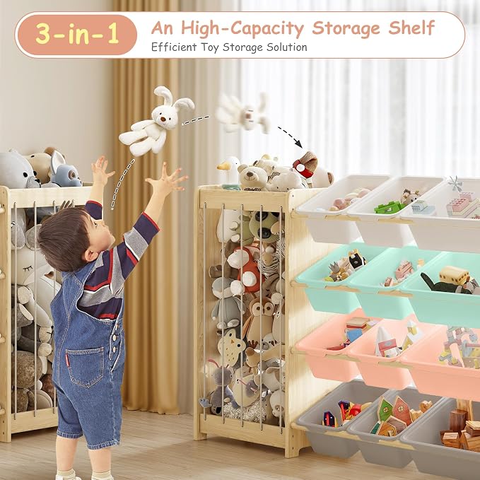 EXPERLAM Large Toy Storage Organizer, Wooden Stuffed Animal Storage & 12-Bins Toy Organizer, Double-Sided Plush Toy Holder Featuring Thicker Ropes, Space Save Playroom Bedroom Nursery Storage, Multi