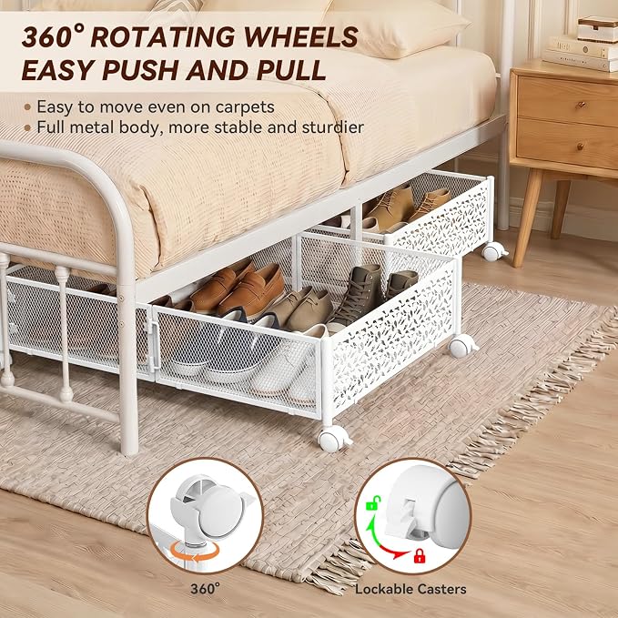 Under Bed Storage with Wheels,Patterned,Sturdy Metal,2 Pack,White | Tool-free assembly, glide smoothly, easy reach, foldable, maxmazie low-profile beds, dorm, keep seasonal clothes, shoes fresh