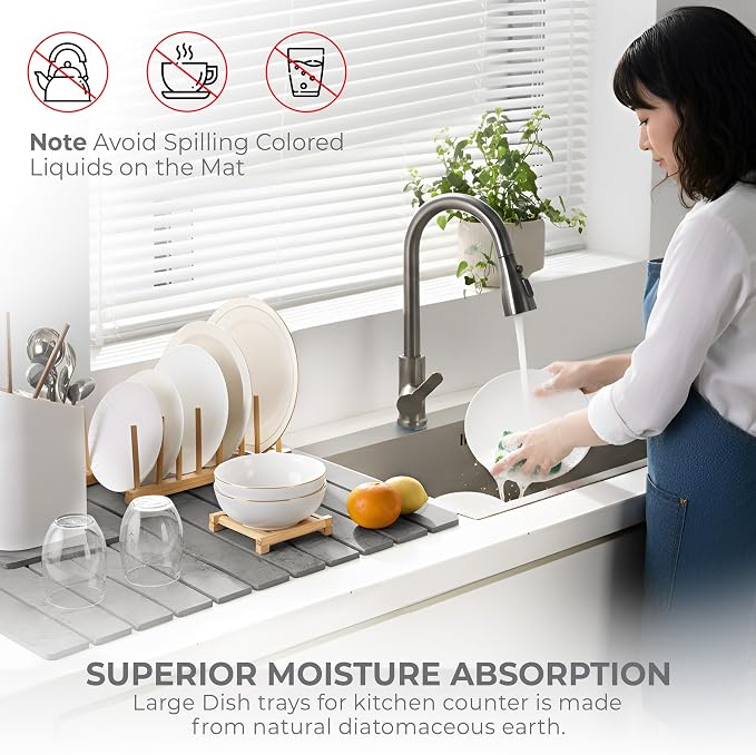Large Stone Dish Drying Mat for Kitchen Counter,Natural Quick Dry Stone Dishes Mats,Foldable Water Absorbing Diatomaceous Earth Drying Organizer Pad for Kitchen Utensils(Light Gray 24"×16" & 8"x4")