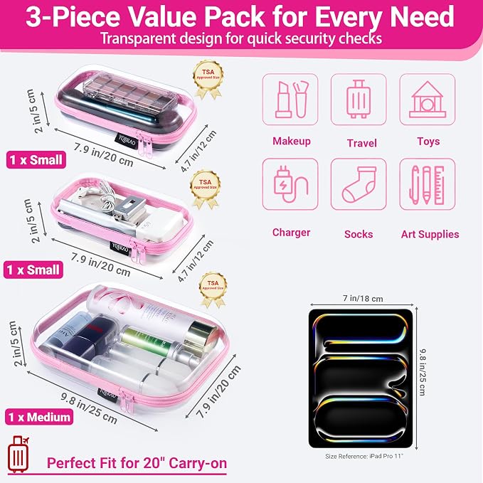 YQBRAO Clear Hard Shell Organizer Cases, 3-Pack, Pink | Rigid 1.2 mm clear PET organizers with multi-size design for toiletries, travel use, and everyday essentials