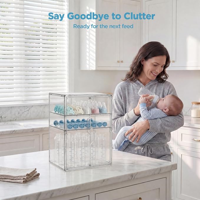 HBlife Baby Bottle Storage Organizer for Countertop Cabinet, 3 Tiers Adjustable Clear Acrylic Bottles Storage Station Case Box Container with 2 Removable Dividers and Magnetic Double Door, X-Large