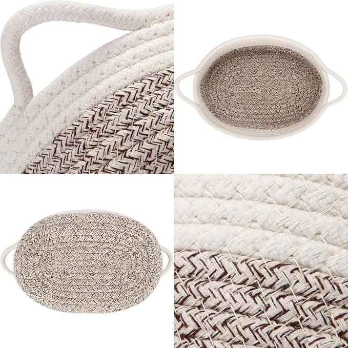 Sea Team 2-Pack Compact Woven Cotton Rope Storage Baskets, Mottled Brown | Knitted Decorative Organizer Bins with Handles, Portable Oval Containers for Small Items, Keys, Makeup, Jewelry, Trinkets