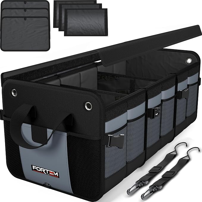 FORTEM Trunk Organizer - Collapsible Car Organizer & Storage Bag for SUVs | Car Accessories for Men & Women, Cooler Bag, Non Slip Bottom, Straps, Soft Cover, 1680D Oxford, 6 Compartments, Grey, 90L