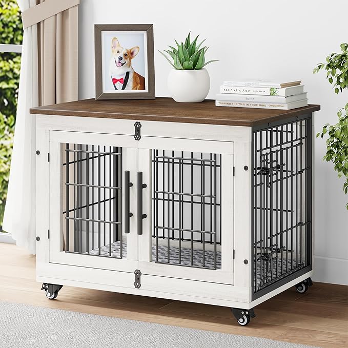 YaFiti Dog Crate Furniture, 32.5” Wooden Indoor Dog Kennel, White | Cushion, Wheels, Double Doors, Furniture Style, Side End Table, Decorative Pet Cage House, Up to 45 lb, for Small/Medium Dogs