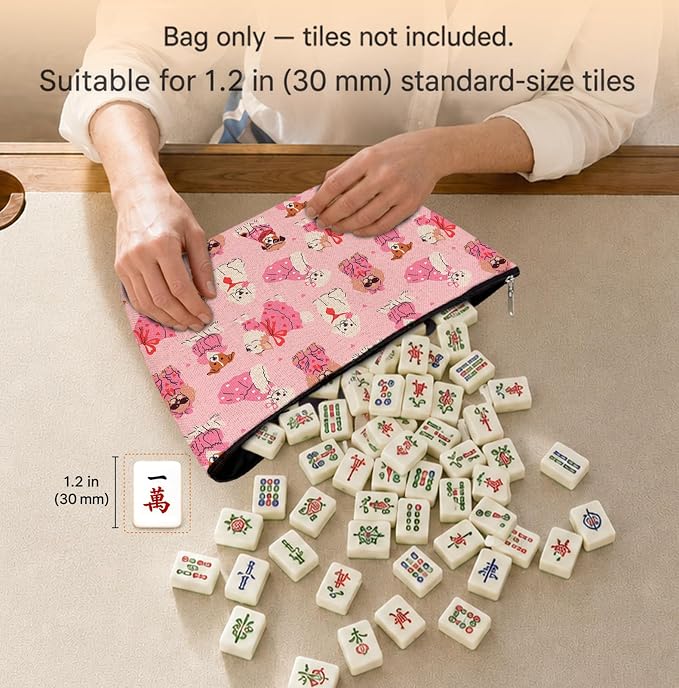Pink Cute Dog Empty Mahjong Tile Bag 13x7.8 Inch | Pet Printed Portable Travel Case Organizer Zipper Pouch for American Mahjong Tiles Game Night Accessories and Gifts
