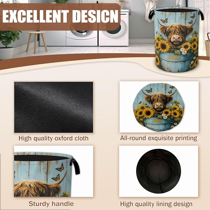Highland Cow Laundry Hamper,Cow Sunflower Wood Laundry Baskets,Waterproof Oxford Cloth Toy Storage for Bedroom,Bathroom,Nursery,16x20.8 Inch
