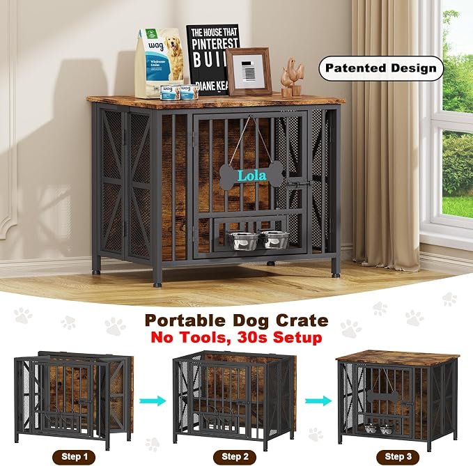 Easycom Dog Crate Furniture, 31.5" Assembly-Free Dog Crates for Small & Medium Dogs, Foldable Dog Kennel Indoor with Tag & Adjustable Dog Bowls, Wooden Dog Cage Use as End Table, Rustic Brown | Foldable Dog Crate Furniture, Wooden Dog Kennel Indoor