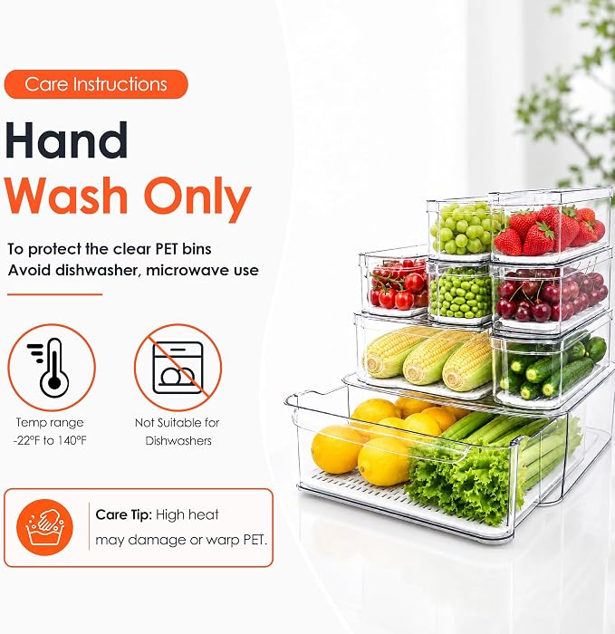 SMRCAD 8 Pack Clear Fridge Organizer Bins with Drain Trays - Stackable | BPA-Free PET, 8 Pack: 1 Drawer + 7 lidded Bins, Helps Keep Produce Fresh, 18.3L Capacity, Hand Wash Only