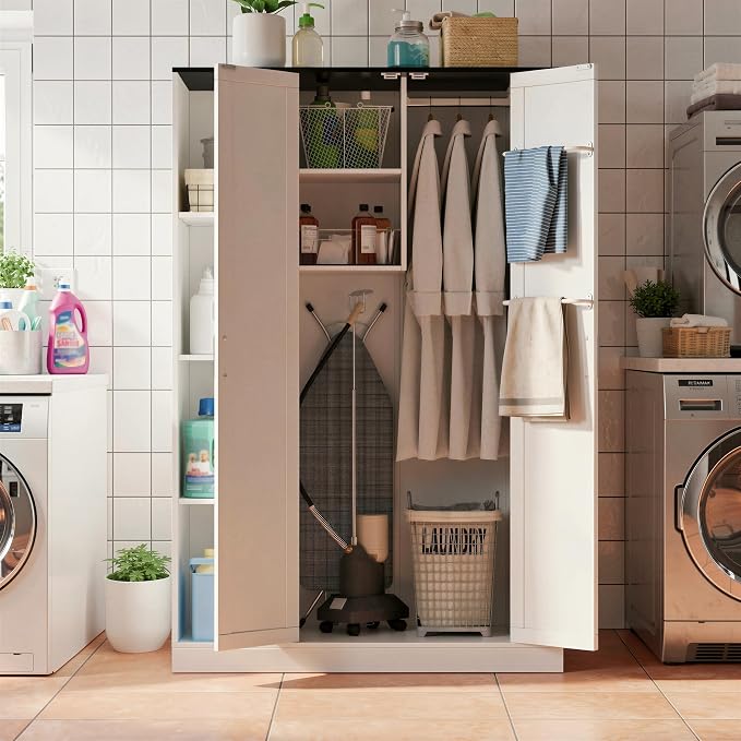 Broom Closet Storage Cabinet, 63" H Wooden Vacuum Storage Cabinet, Utility Closet with 2 Doors, Cleaning Tool Organizer with 6 Shelfs and 5 Pack Broom Holder, 63" H×35.4" W×15.7" D,White