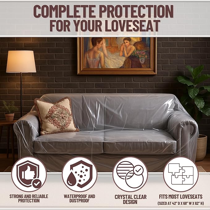 Evelots Clear Vinyl Loveseat Cover, Spill-Resistant 2-Seat Sofa Protector | Heavy-duty vinyl helps protect loveseats from pet claws, stains, dust and spills; ideal for everyday use, moving and storage.
