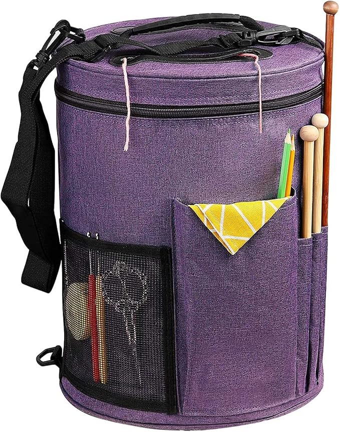 Weabetfu Large Capacity Portable Yarn Organizer Knitting Tote Storage Bag with Shoulder Strap Yarn Bags Have Pocket for Crochet Hooks,Knitting Needles & Accessories,Prevent Yarn Tangle(Purple)