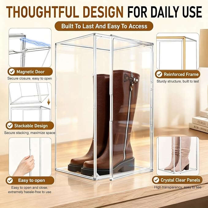 Boot Organizer for Extra Tall Boots, 23.6'' Stackable Acrylic Display Case | Clear magnetic door.Keep tall boots upright.Ideal for knee-high and riding boots,fashion boots,tall collectible,1 Pack